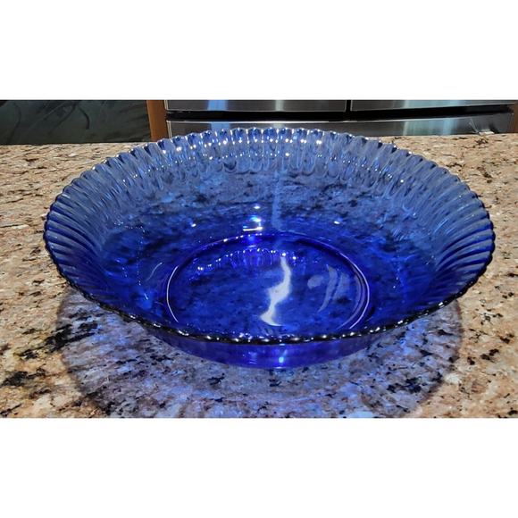 Vintage COLOREX 9.5” Serving Bowl Made In Brazil Cobalt Ribbed Glass Edge - Picture 1 of 11